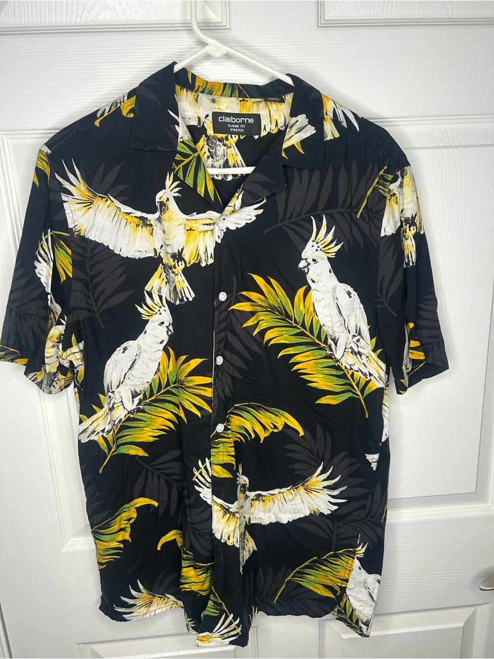 Claiborne Black Tropical Parrot Print Button-Up Shirt sz M